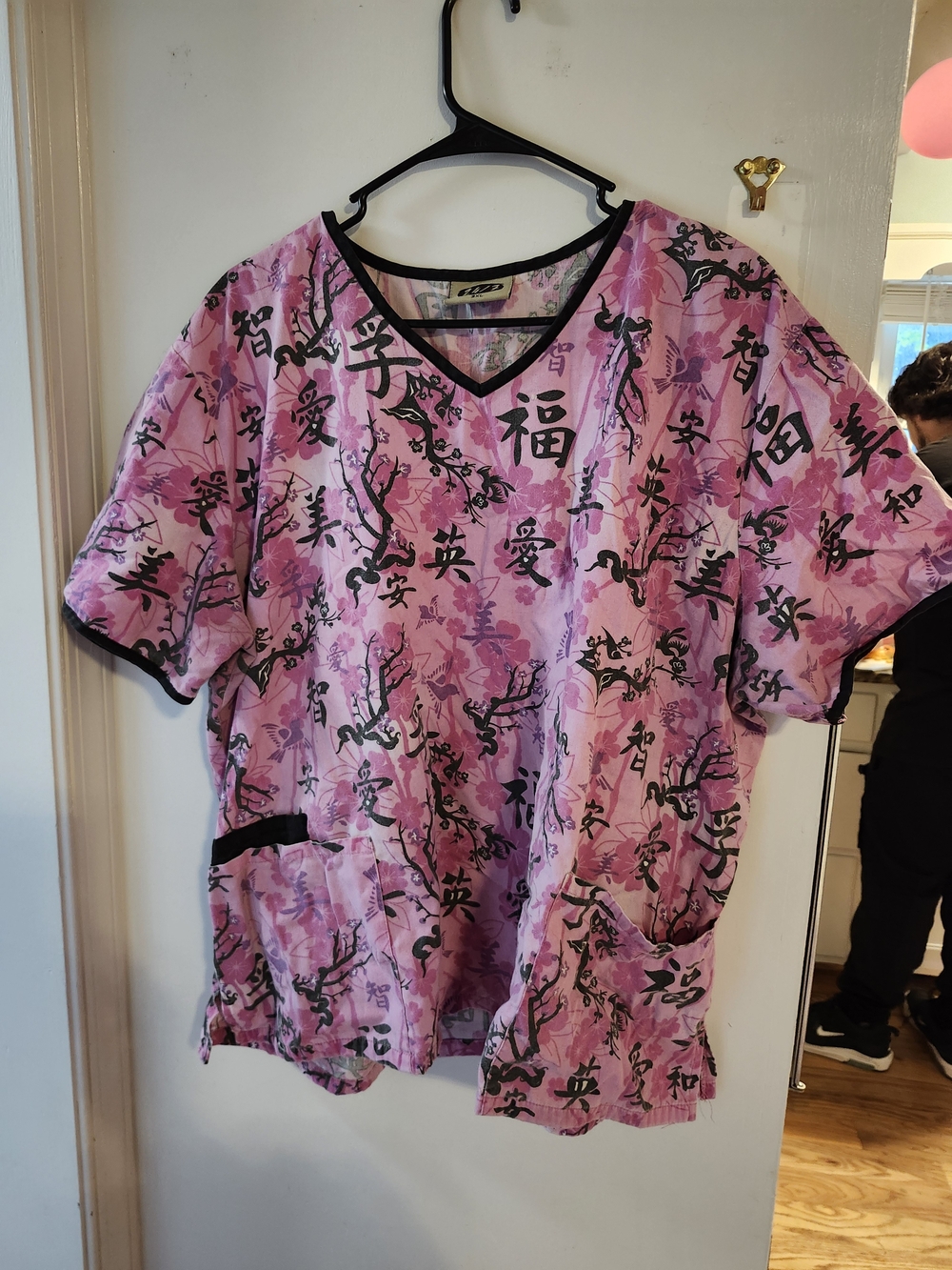 Pink Floral & Kanji Print Scrub Top